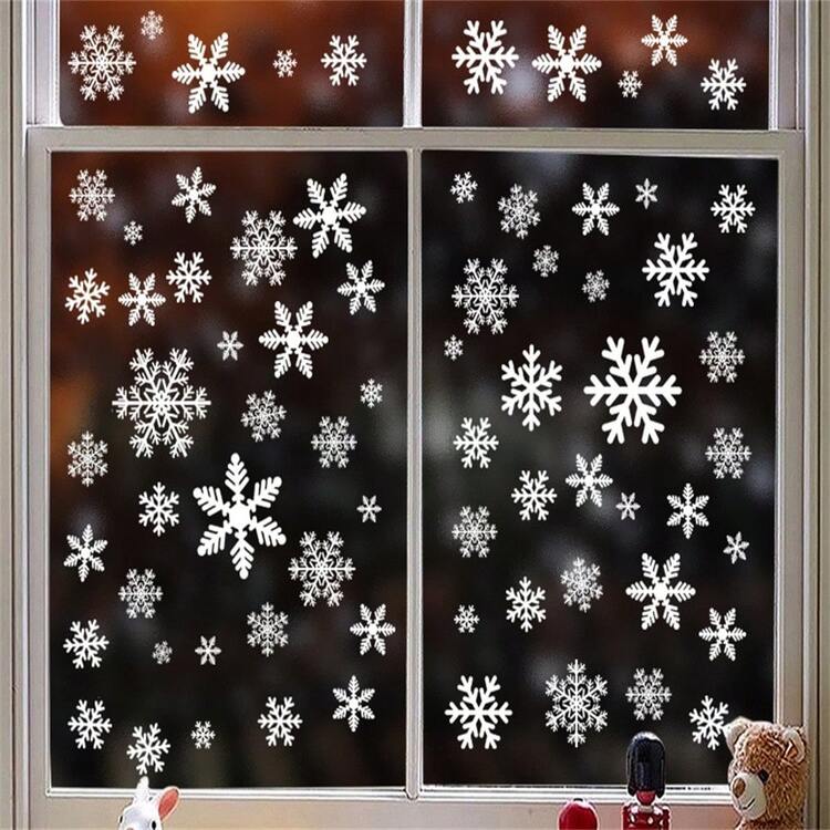圣诞节白色窗户贴纸、圣诞老人、雪花贴花，适用于商场、家居、商店、玻璃、静电贴 - 彩色 - 查看 11