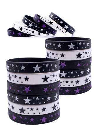 3pcs Black And White Silicone Wristband With Star Pattern