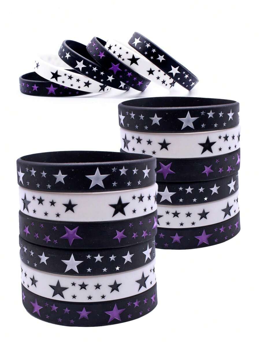 3pcs Black And White Silicone Wristband With Star Pattern - 3pcs Five-pointed Star Silicone Bracelet - View 1