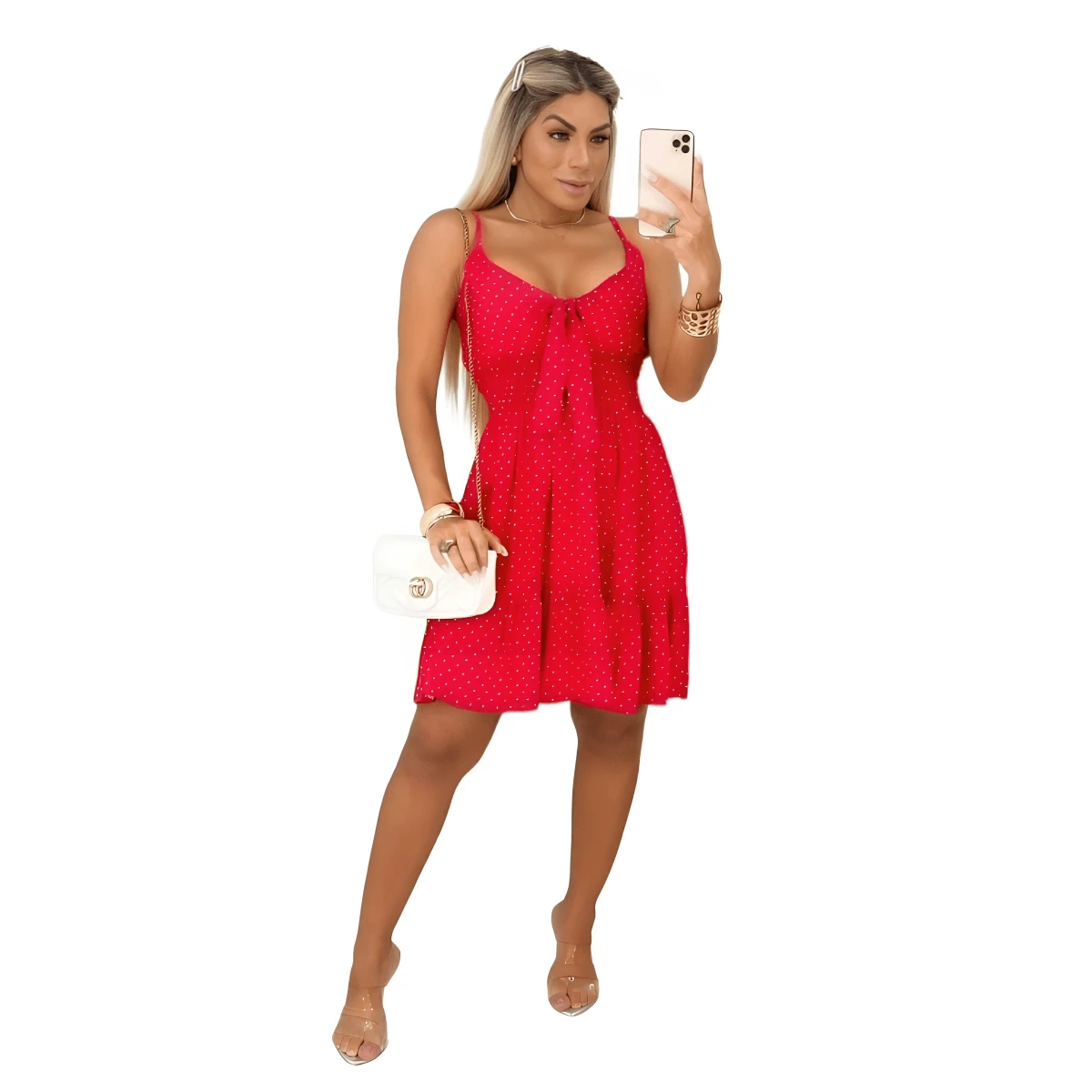 Women's Summer Elegant Loose Short Dress With Straps And Cups - Pink De Bolinhas - Xem 1