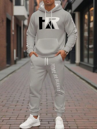 2pcs Men's Simple Letter Print Hoodie Sweatshirt And Sweatpants Set, Gray, Fall Clothes
