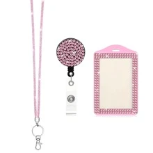 Diamante Sparkling Lanyard With ID Badge Clip, Retractable Crystal Rhinestone ID Card Holder, Women's Fashionable Key Ring, ID Card Sleeve For Students/Office Workers - Pink - View 9