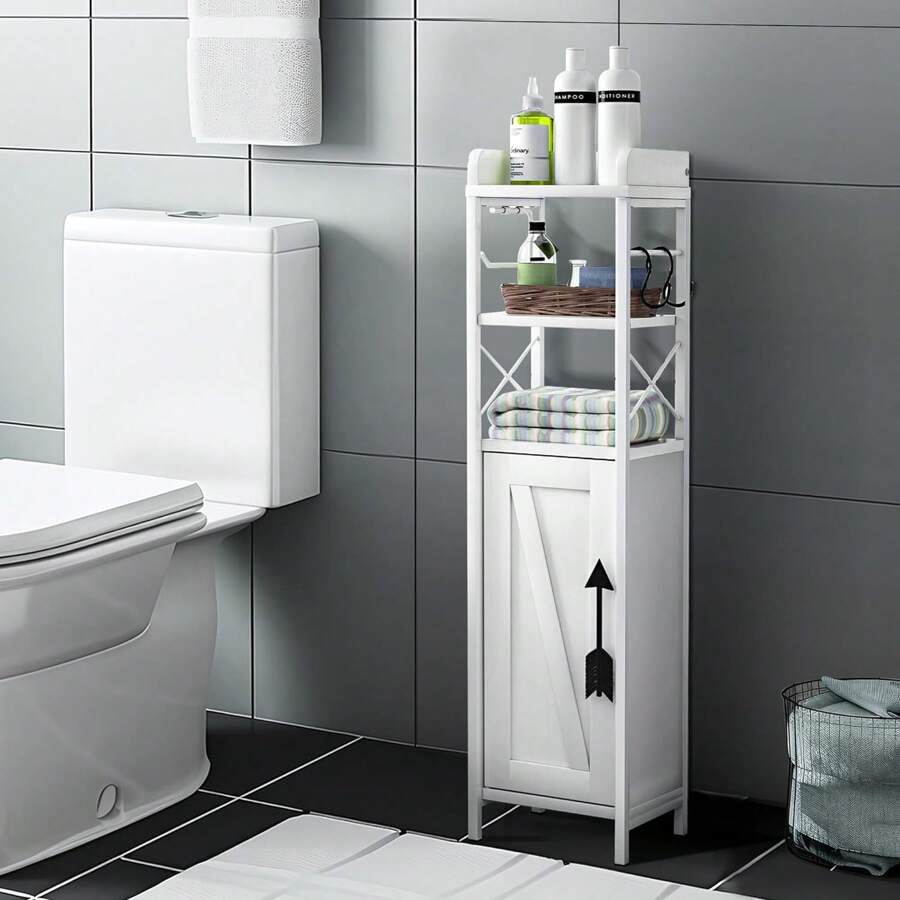 VECELO Slim Bathroom Toilet Storage Cabinet With Door, Waterproof Narrow Bathroom Organizer With Toilet Paper Holder,White - 白色 - 查看 1