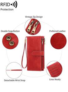 MIYIN 复古时尚女士多功能大容量三折信用卡夹，RFID 防盗刷钱包，可装信用卡/身份证/硬币/现金/收据，女士双拉链口袋手拿包，生日礼物，周年纪念礼物，女士钱包，长款钱包，腕包 - 紅色 - 查看 8