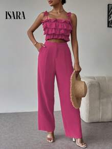 ISARA Elegant Women's Holiday Set With Layered Ruffled Blouse And Casual Dress Pants, Consisting Of A Strapless Top With Ruffles And Palazzo Pants. - Hồng - Xem 2