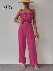 ISARA Elegant Women's Holiday Set With Layered Ruffled Blouse And Casual Dress Pants, Consisting Of A Strapless Top With Ruffles And Palazzo Pants. - Hồng - Xem 4