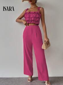 ISARA Elegant Women's Holiday Set With Layered Ruffled Blouse And Casual Dress Pants, Consisting Of A Strapless Top With Ruffles And Palazzo Pants. - Hồng - Xem 5