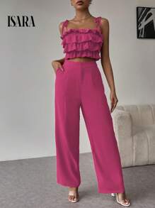 ISARA Elegant Women's Holiday Set With Layered Ruffled Blouse And Casual Dress Pants, Consisting Of A Strapless Top With Ruffles And Palazzo Pants. - Hồng - Xem 3