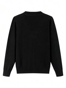 Young Boy Solid Color Cardigan Button-Up Sweater Casual Warm Knit Jacket - Black - View 2