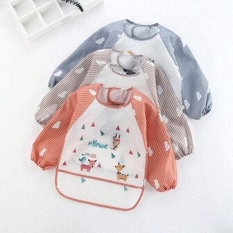 Baby Waterproof Long Sleeve Striped Reversible Bib, Cartoon Design, Unisex