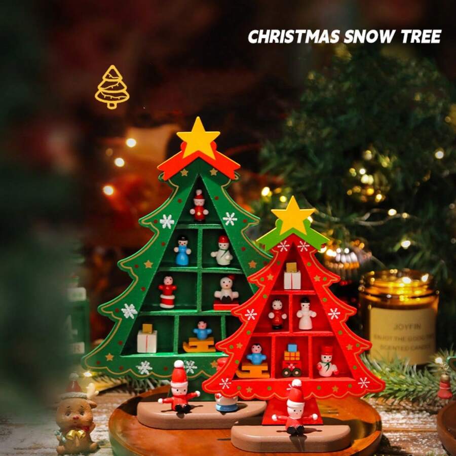 Đồ trang trí Giáng sinh 1 cái Tượng gỗ kẻ caro Cây thông Noel DIY Phụ kiện trang trí để bàn - Nhiều màu - Xem 1