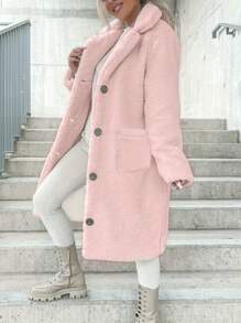 Long Sleeve Lapel Solid Color Plush Top Long Coat - Pink - View 1