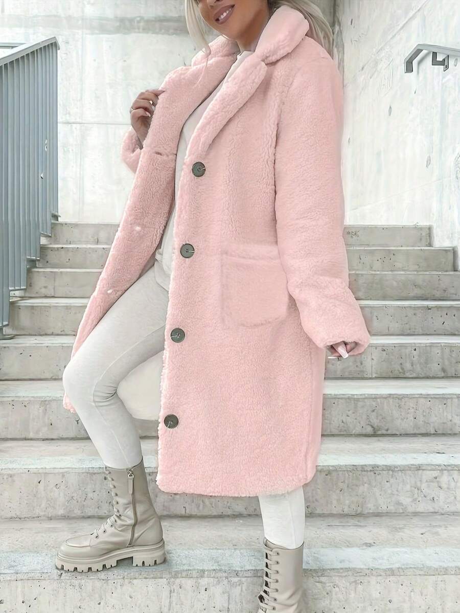 Long Sleeve Lapel Solid Color Plush Top Long Coat - Pink - View 1