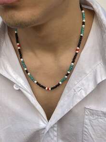 1 Piece/Bag 40+7cm Glass Mosaic Rice Beads Color Matching Design Sense Simple Personalized For Men Collarbone Chain Necklace Suitable For Daily Travel Wear Christmas New Year Valentine's Day Holiday Gift - Multicolor - View 2