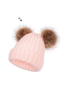 Cute Bear Woolen Beanie Hat With Pompom, Thick & Stretchy, Suitable For Women Winter Outdoor Wear