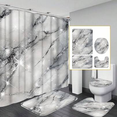 1pc/4pcs Marble Pattern Bathroom Set, Includes Shower Curtain, Bath Mat, Toilet Seat Cover, U-Shape Non-Slip Mat, Home Decor Accessories, Bathroom Decor Set, Waterproof Shower Curtain With C-Shaped Hooks, 70.8" X 70.8"