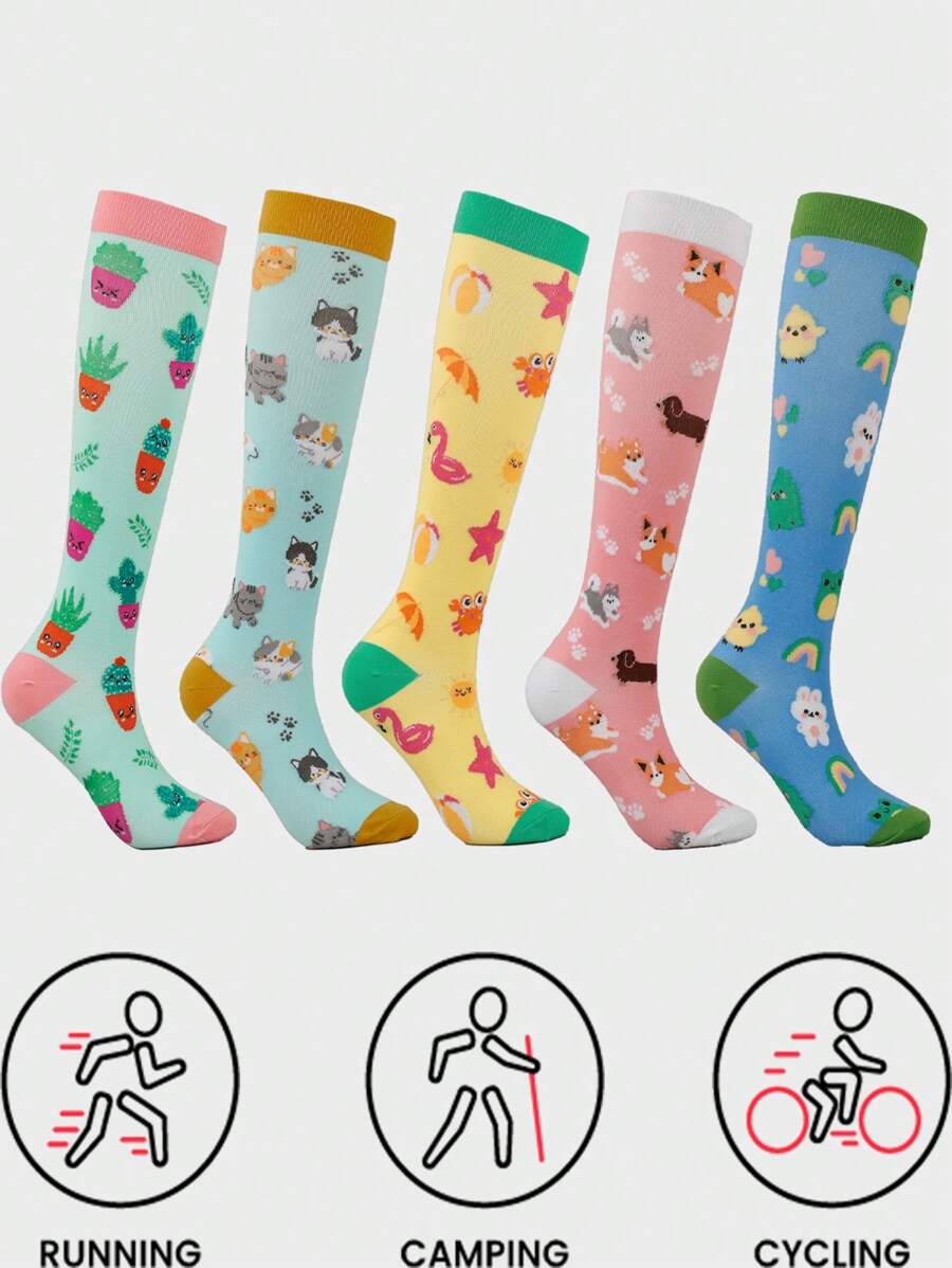 Unisex Cute Animal (Cat, Crab, Chick) Print Athletic Compression Socks For Running, Cycling, Hiking - Multicolor - View 1