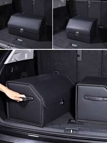 1pc Car Trunk Foldable Storage Box, PU Leather Multi-Function Vehicle Storage Organizer Box, Auto Accessories - Black - View 2