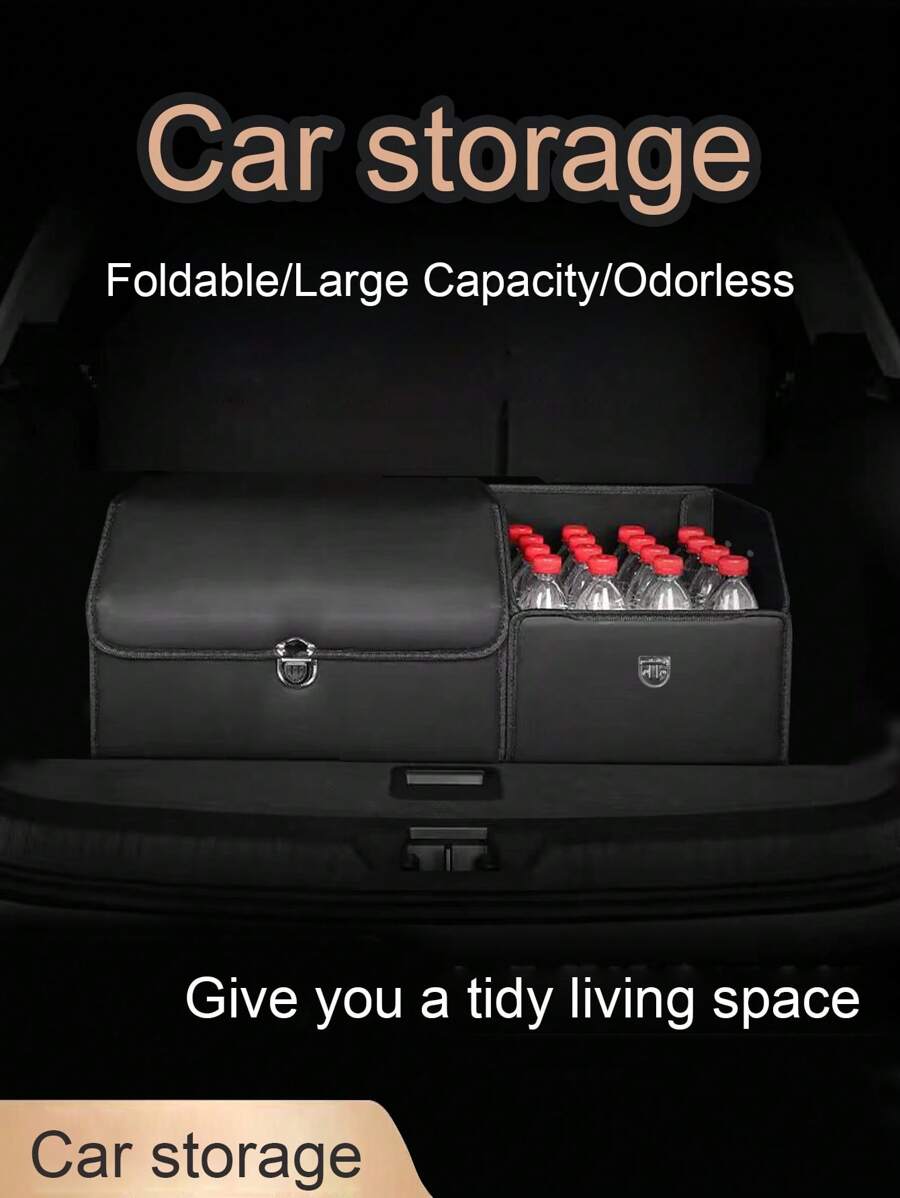 1pc Car Trunk Foldable Storage Box, PU Leather Multi-Function Vehicle Storage Organizer Box, Auto Accessories - Black - View 1