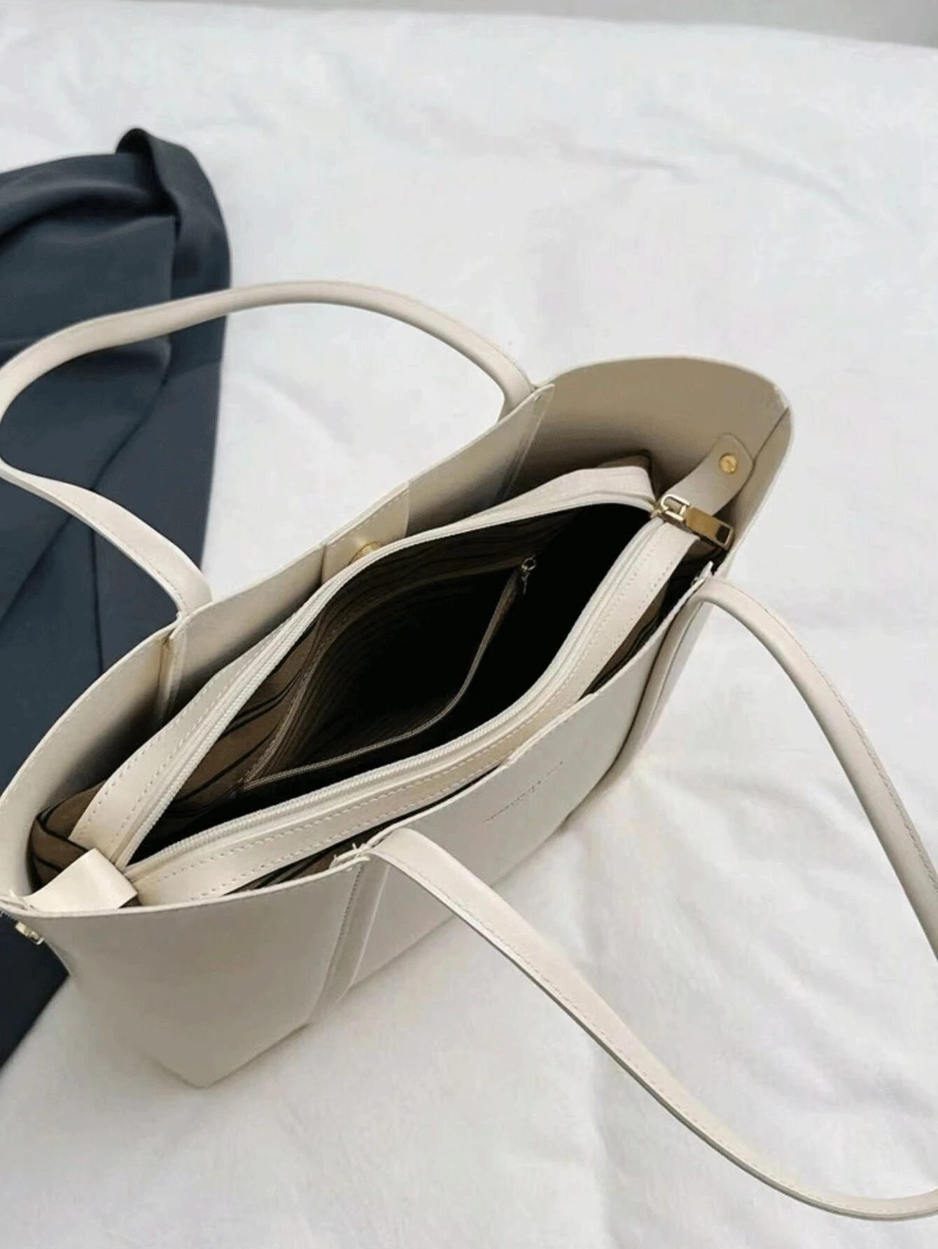 Tote Bag In Cotone Con Iniziale E Cerniera - Borsa Shopping Ecru/Nero Con Tasca Interna - Foto 4