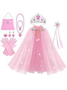11pcs Princess Cape Set, Pink, Snowflake Pattern, Includes Princess Crown, Wand, Necklace, Jewelry And Bag - Pink - View 9