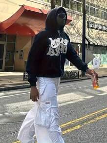 图形印花字母图案春秋连帽夹克，休闲宽松抽绳连帽衫运动衫 - 彩色 - 查看 2