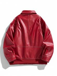 男士翻领撞色缝线口袋休闲长袖PU皮夹克，秋冬款 - 紅色 - 查看 2