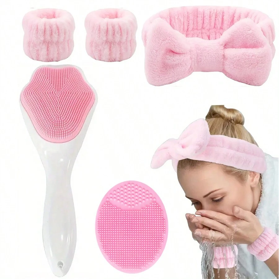 5 Pieces Cleansing Set Includes A Soft Silicone Facial Scrub Brush, A Fluffy Headband With A Wristband And A Headband Set - Baby Pink - View 1