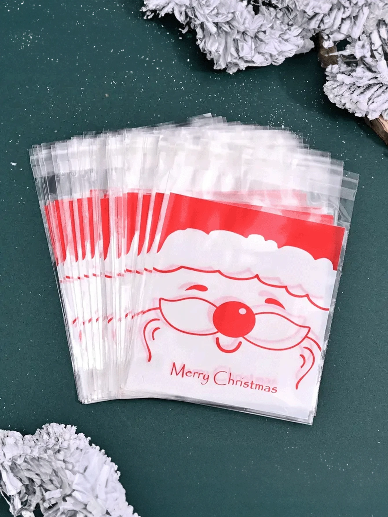 40 peças Bolsas de Embalagem Autoadesivas com Estampa de Papai Noel e Impressão de Letra "Feliz Natal" para Padaria, Doces, Biscoitos em Forma de Floco de Neve, Decorações de Natal com Bottom Vermelho, Decorações de Natal, Presentes de Natal, Suprimentos para Festa de Natal, Sacolas de Presente de Natal, Sacolas de Natal, Adesivos de Natal - Transparente - Visão 1