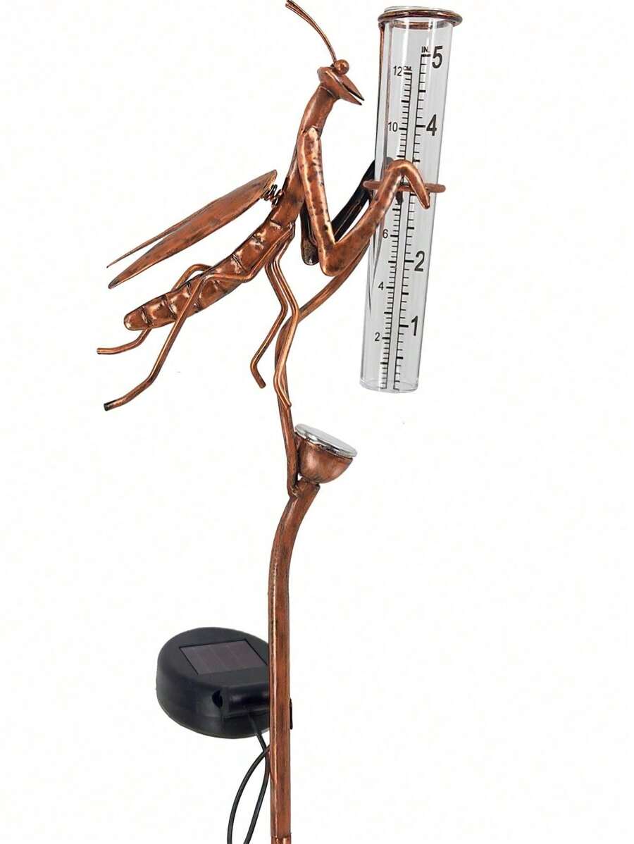 Solar Powered Praying Mantis Rain Gauge Light, Metal Artisan Animal