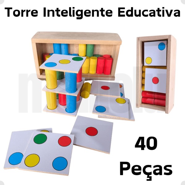 Torre Inteligente Colorida Brinquedo Educativo Pedagógico em Madeira Jogo Interativo com 40 peças