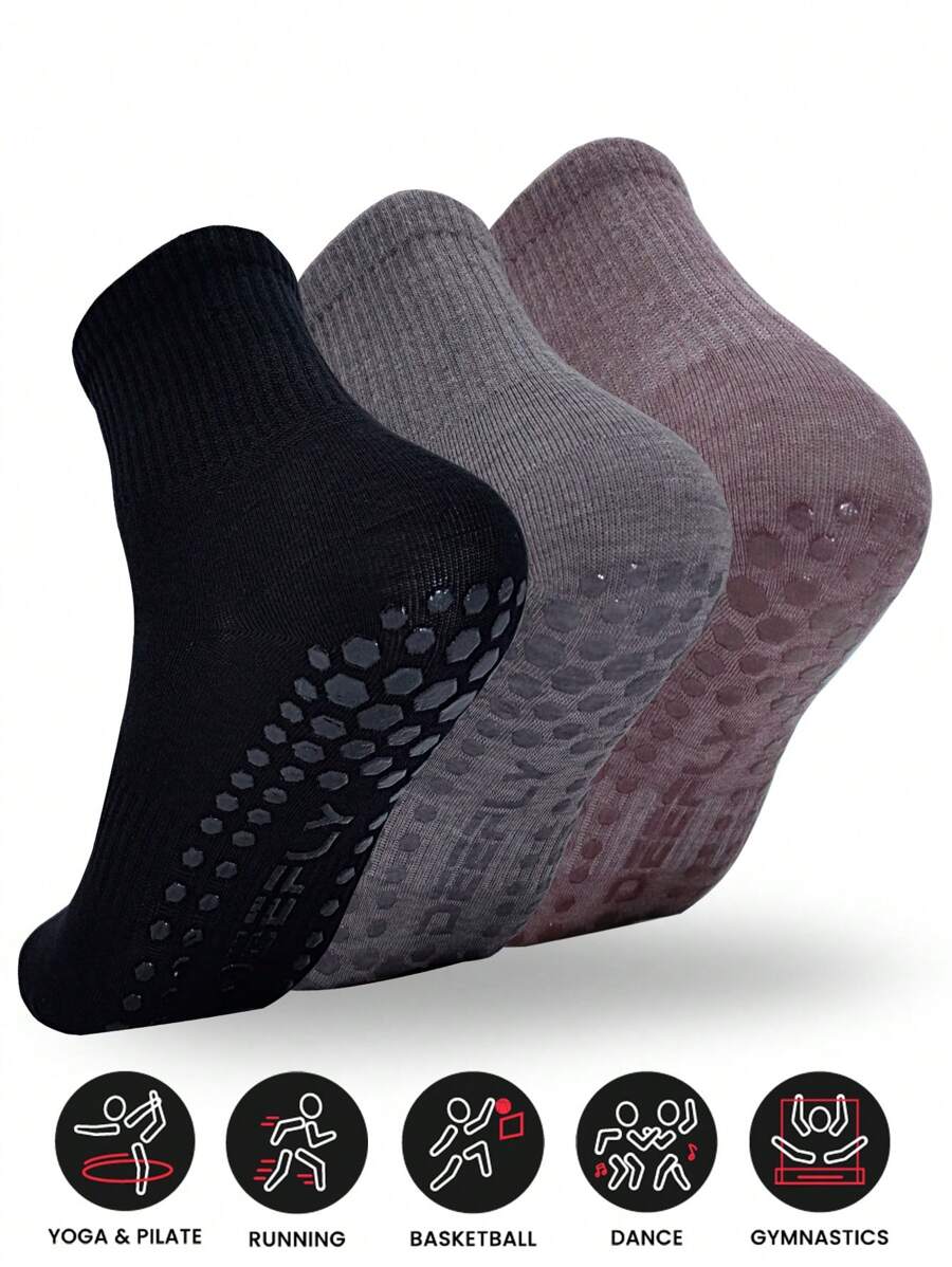 运动户外 3 双低帮/中筒女士纯色袜子，正常厚度，防滑，适合居家、医院、孕妇、健身、普拉提、瑜伽 - 彩色 - 查看 1