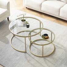 31.5" Glass Nesting Coffee Table Set Of 2, Small Glass Round Nesting Tables For Living Room Bedroom, Accent Tea Table With Metal Frame Modern Industrial Simple - Vàng - Xem 2