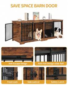 HEXCELEN 78" Dog Crate Furniture With Divider, Dog Crate Barn Door, Dog Kennel Indoor, Wood Dog Crate For 2 Dogs Small/Medium/Large Dog, End Side Table, Anti-Chew Anti-Escape, Rustic Brown - Rust Brown - View 6