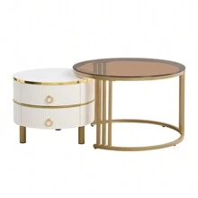 Modern Nesting Coffee Table With 1 High Gloss Top And 1 Side Table With Brown Tempered Glass Top, Living Room Coffee Table Set With 2 Drawers For Living Rooms And Apartments, Package Quantity 2 - White - View 8