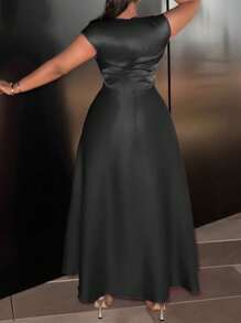 Plus Size Satin V-Neck Ruffle Hem Dress,  Glossy - Black - View 2