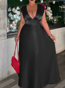 Plus Size Satin V-Neck Ruffle Hem Dress,  Glossy - Black - View 3