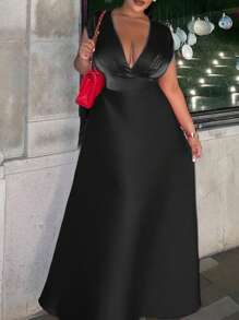 Plus Size Satin V-Neck Ruffle Hem Dress,  Glossy - Black - View 4