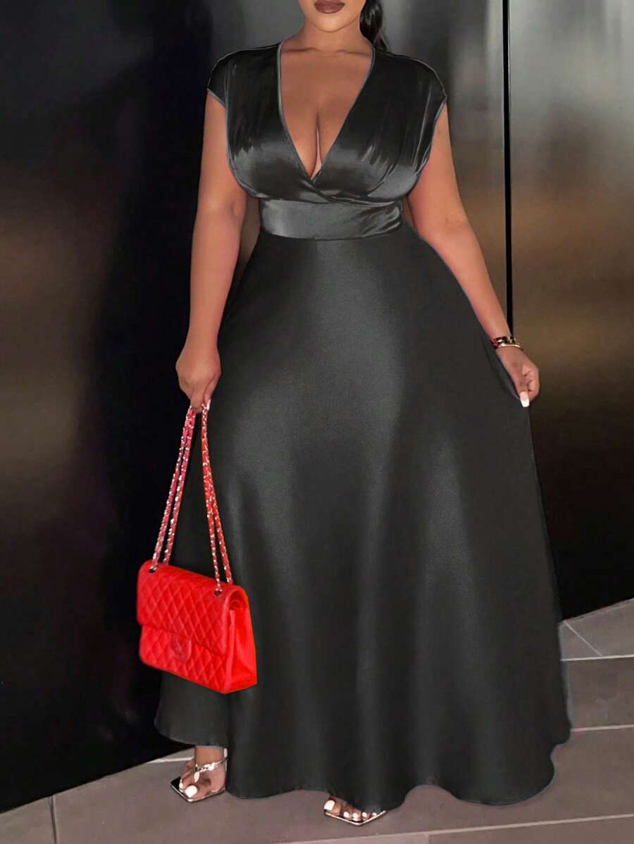 Plus Size Satin V-Neck Ruffle Hem Dress,  Glossy - Black - View 1