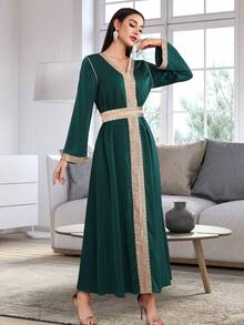 Spring & Winter Clothes Women Sparkly Patchwork Maxi Autumn Clothing New Long Sleeved Women's Skirt Kaftan Ladies Loose Long Dress - Green - View 5