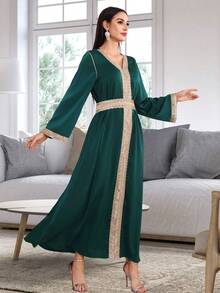 Spring & Winter Clothes Women Sparkly Patchwork Maxi Autumn Clothing New Long Sleeved Women's Skirt Kaftan Ladies Loose Long Dress - Green - View 3