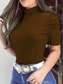 SHORT SLEEVE PRINCESS Puffant HIGH NECK BLOUSE - Coffee Brown - View 1