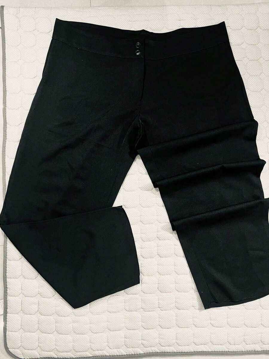 H MODA Calça feminina social moda reta com botões da pra ajustar tamanho - Preto - Visão 1