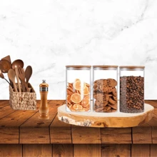 Kit With 3 Glass Jars With Bamboo Lid And Airtight Seal, 600ml Food Container - 彩色 - 查看 1