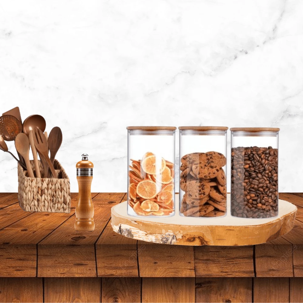 Kit With 3 Glass Jars With Bamboo Lid And Airtight Seal, 600ml Food Container - 彩色 - 查看 1