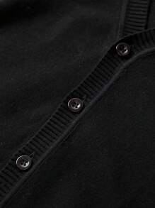 Young Boy Solid Color Cardigan Button-Up Sweater Casual Warm Knit Jacket - Black - View 3