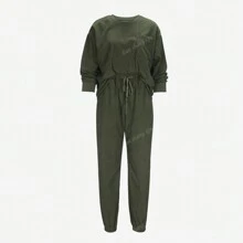 2 pezzi Completo casual da donna con top a girocollo monocolore a maniche lunghe e pantaloni con coulisse