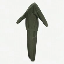 2 pezzi Completo casual da donna con top a girocollo monocolore a maniche lunghe e pantaloni con coulisse