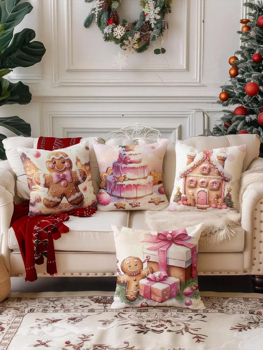 4pcs Soft & Comfortable Decorative Pillow Covers, Cookie Man Design, Suitable For Christmas, Sofa, Living Room, Bedroom, Car, No Pillow Insert - Multicolor - View 1