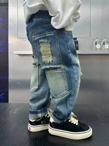 Young Boy Regular Fit Thick Loose Denim Jeans With Pockets & Distressed Design, Autumn
